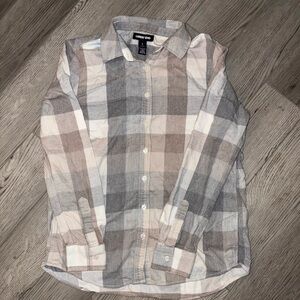 Lands' End Women’s Casual Plaid Shirt - Gray and Cream Size Small